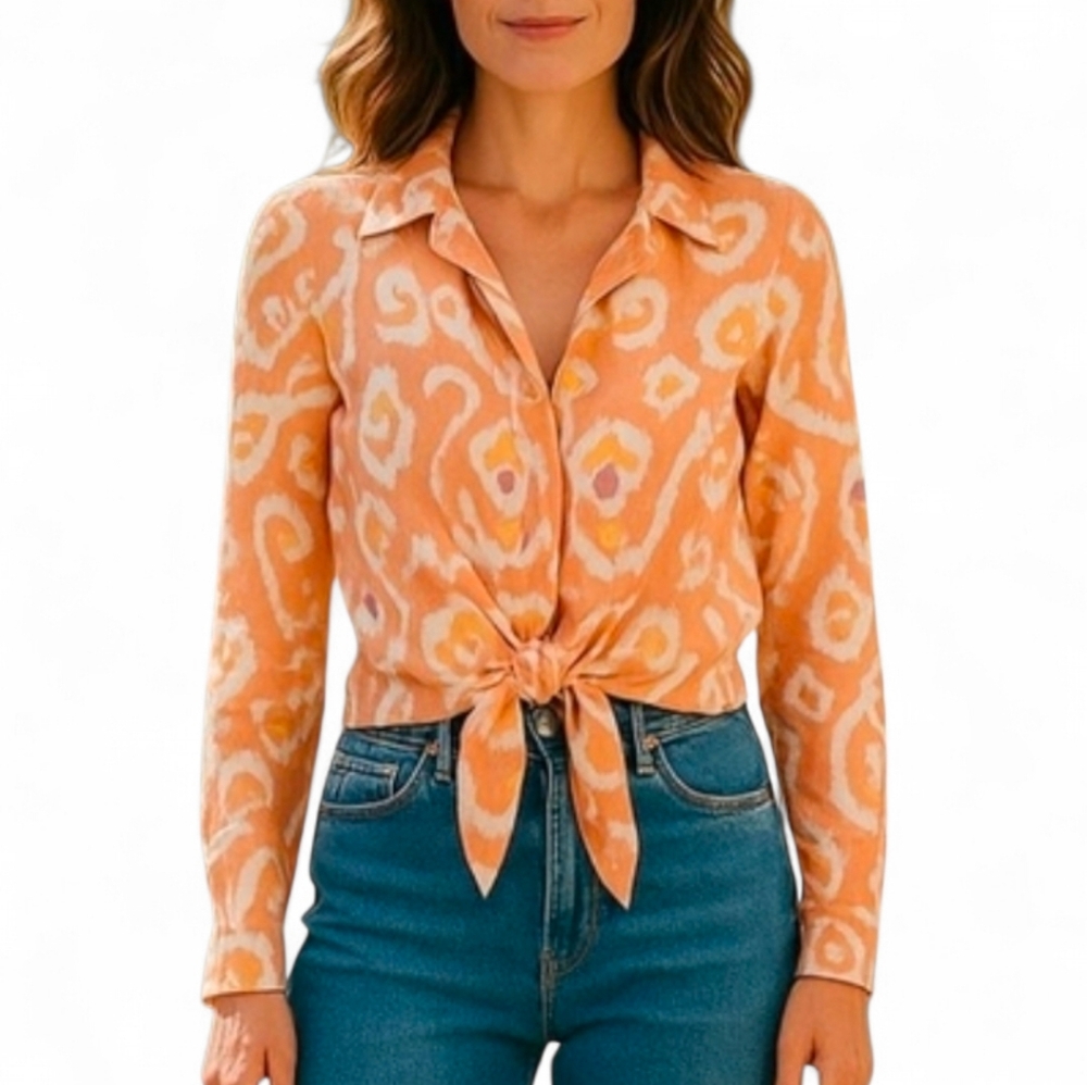 Christian Siriano Linen Blend‎ Tie Front Long Sleeve Blouse Size XS